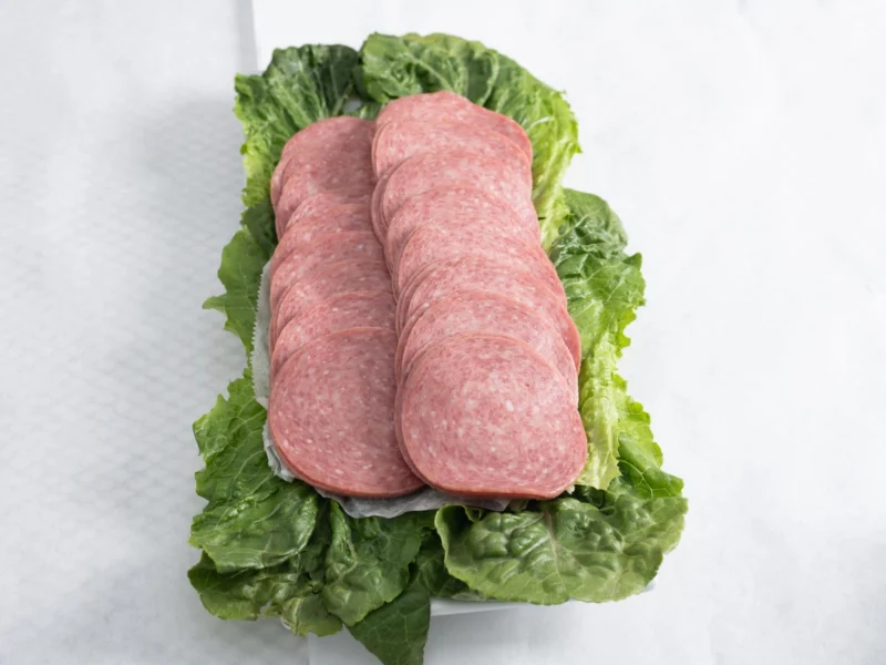 Sliced salami on a bed of romaine